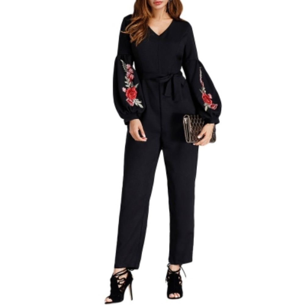 Black Embroidered Puff Sleeve Jumpsuit - Picture 3 of 5